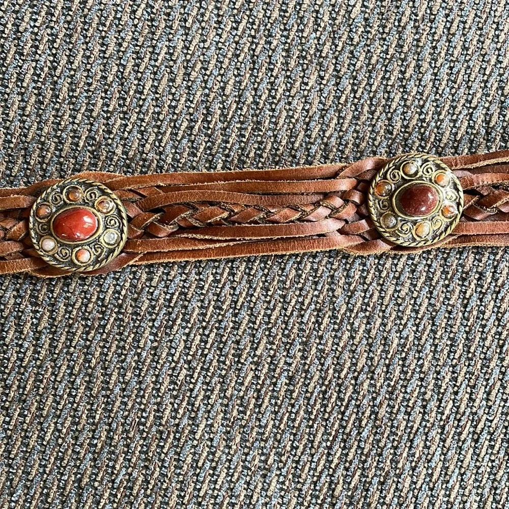 Woven Vintage Leather Belt with Brass Buckle and Stone Accents, size M/L - Picture 6 of 8